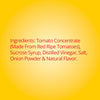 An infographic displays the ingredient list for FrenchS Tomato Ketchup, 20 Oz including tomato concentrate, sucrose syrup, distilled vinegar, salt, onion powder, and natural flavor against a yellow background.