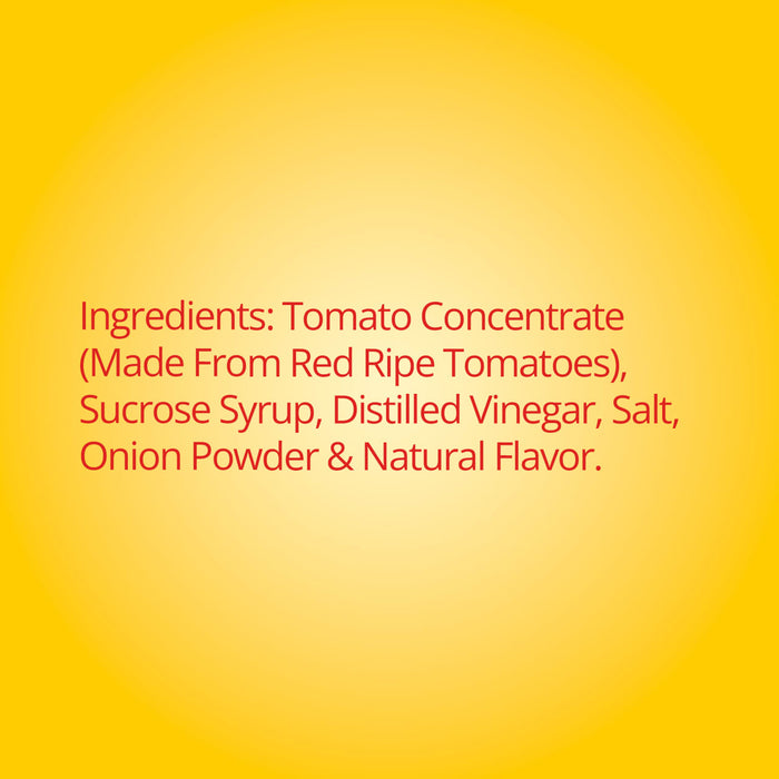 An infographic displays the ingredient list for FrenchS Tomato Ketchup, 20 Oz including tomato concentrate, sucrose syrup, distilled vinegar, salt, onion powder, and natural flavor against a yellow background.