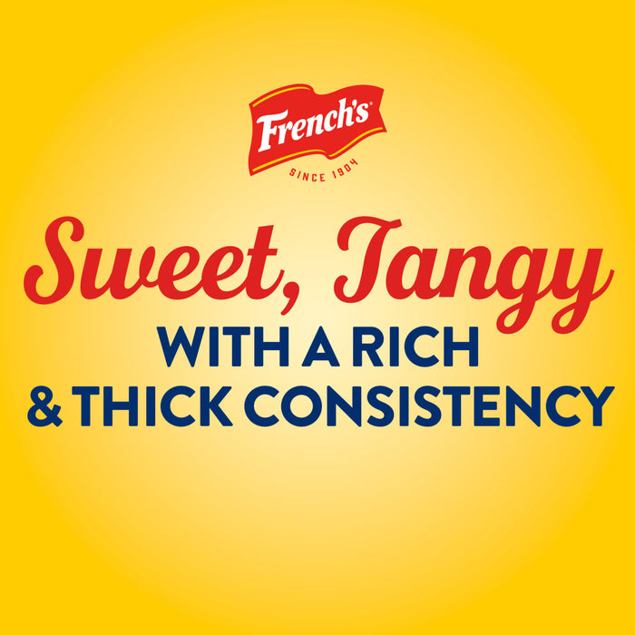 A promotional graphic for FrenchS Tomato Ketchup, 20 Oz featuring the brand logo and text describing it as sweet, tangy, with a rich and thick consistency against a yellow background.