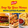 A promotional graphic for FrenchS Tomato Ketchup, 20 Oz featuring the brand logo and the text Amp Up Your Menus WITH LOVED FLAVOR above images of a burger, hot dogs, and french fries with ketchup.