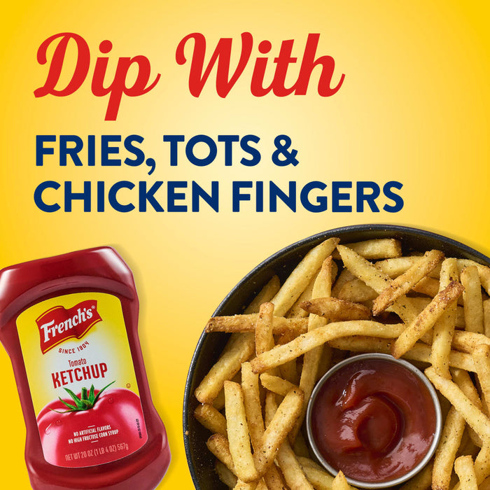 A bottle of French S Tomato Ketchup, 20 Oz is shown next to a bowl of seasoned french fries with a small dipping cup of ketchup against a bright yellow background.