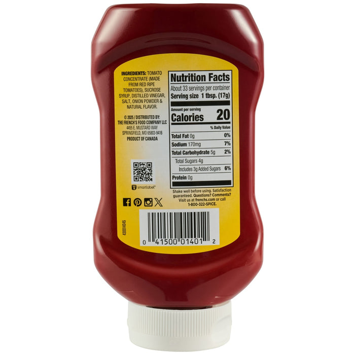 The back of a bottle of French'S, 20 Oz ketchup, displaying the nutrition facts and ingredients label.
