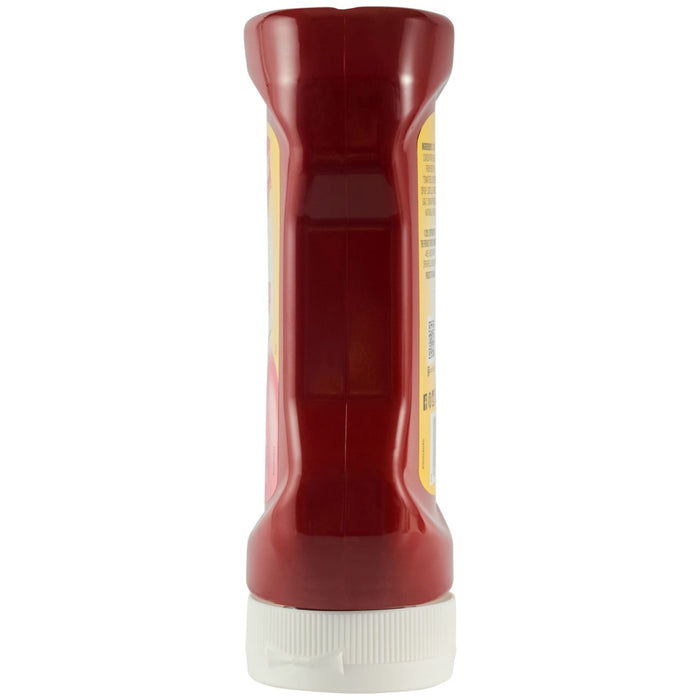 A side view of a bottle of French'S, 20 Oz ketchup, showing the nutrition and ingredients label on its red plastic, upside-down squeeze bottle with a white cap.
