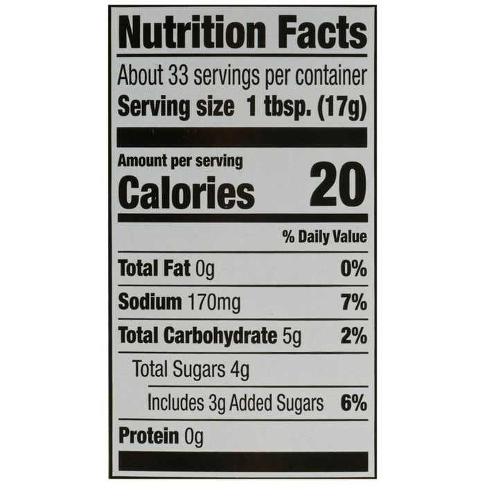 The nutrition facts label for French'S, 20 Oz, indicates that one serving contains 20 calories and 170mg of sodium.