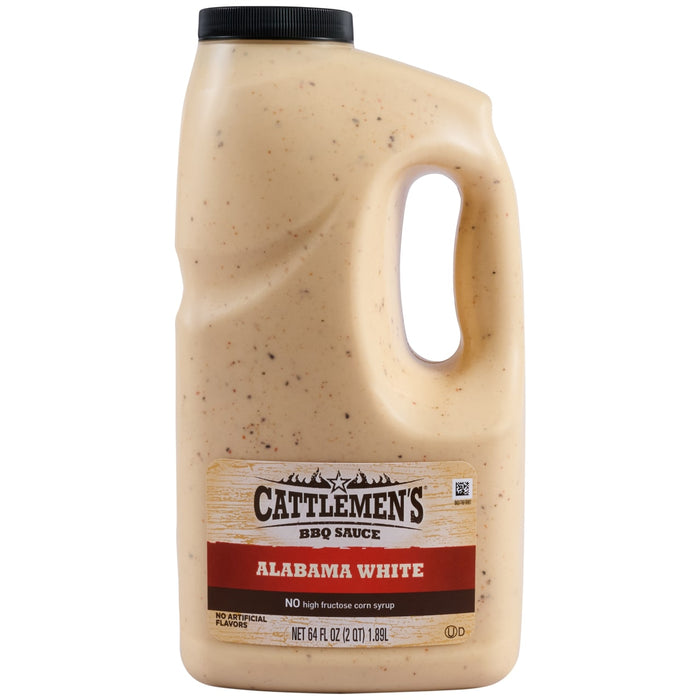 A large 64-ounce jug of Cattlemens Alabama White Oz, a creamy, peppery BBQ sauce, is shown against a plain white background.