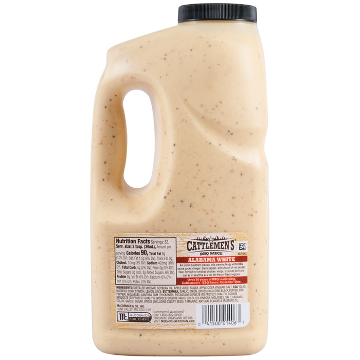 The back of a large jug of Cattlemens Alabama White Oz, showing the nutritional facts and ingredients for this creamy, tangy BBQ sauce.