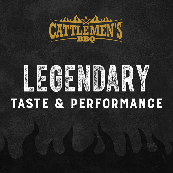 A marketing graphic for the Cattlemen's brand, which includes products like Cattlemen'S Alabama White Bbq Sauce, 0.5 Gal, features the brand logo above the words Legendary Taste &amp; Performance on a dark, textured background with flame illustrations.