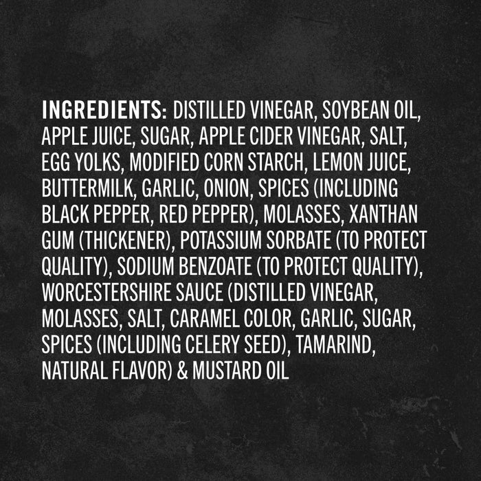 The ingredients list for Cattlemen'S Alabama White Bbq Sauce, 0.5 Gal, is displayed in white text on a dark, textured background.