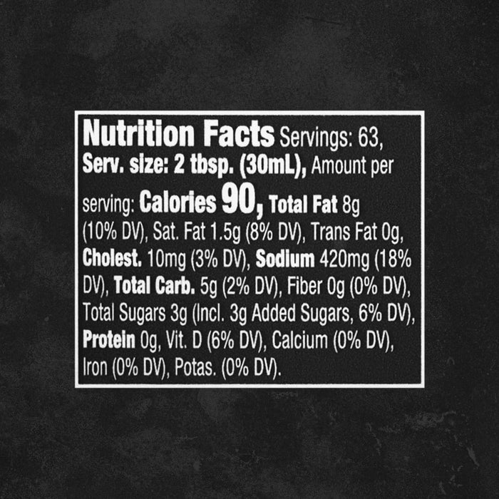 The nutrition facts label for Cattlemen'S Alabama White Bbq Sauce, 0.5 Gal, lists 90 calories per 2 tablespoon serving.