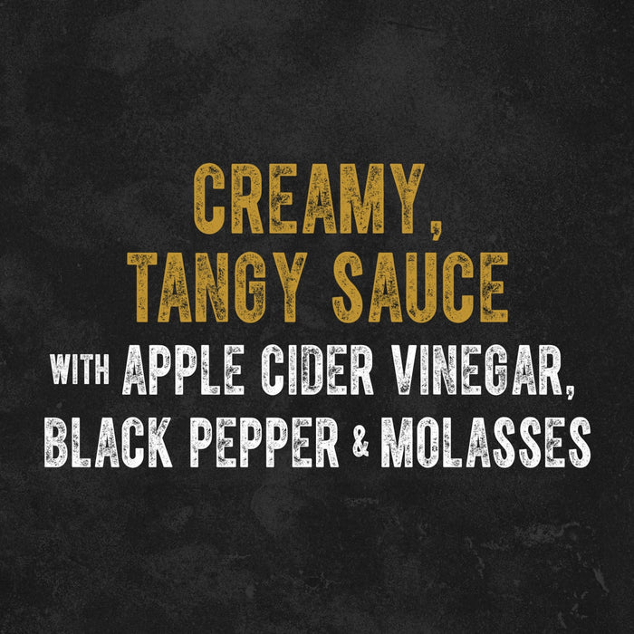 A promotional graphic for Cattlemen'S Alabama White Bbq Sauce, 0.5 Gal highlights its flavor profile with the words Creamy, Tangy Sauce with Apple Cider Vinegar, Black Pepper &amp; Molasses.