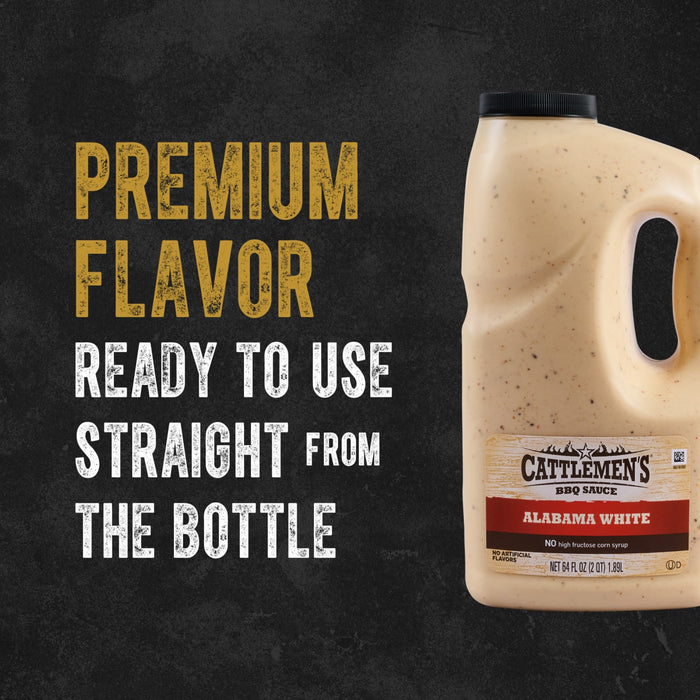 A half-gallon jug of Cattlemen'S Alabama White Bbq Sauce, 0.5 Gal is shown next to text that reads, Half-gallon jug saves time and labor.