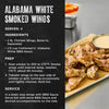 A recipe for Alabama White Smoked Wings made with Cattlemen'S Alabama White Bbq Sauce, 0.5 Gal is displayed next to a serving of the finished dish.