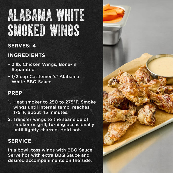 A recipe for Alabama White Smoked Wings made with Cattlemen'S Alabama White Bbq Sauce, 0.5 Gal is displayed next to a serving of the finished dish.