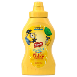 A yellow French's Minion Classic Yellow Mustard bottle, identified as French'S Yellow Mustard 20/8Oz, featuring Minions characters on the label.