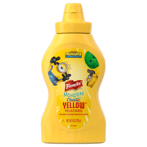 A yellow French's Minion Classic Yellow Mustard bottle, identified as French'S Yellow Mustard 20/8Oz, featuring Minions characters on the label.