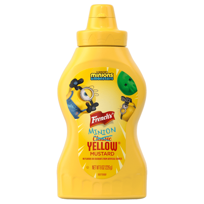 A yellow French's Minion Classic Yellow Mustard bottle, identified as French'S Yellow Mustard 20/8Oz, featuring Minions characters on the label.
