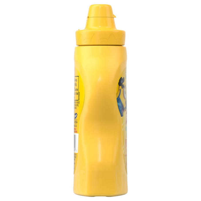 A yellow squeeze bottle of French'S, 8 Oz mustard, adorned with a Minion character on its label, is shown from a side view.