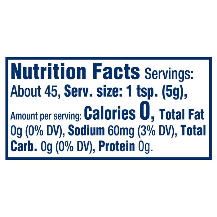 Nutrition facts label showing a serving size of 1 tsp (5g) with 0 calories, 0g total fat, 60mg sodium, 0g total carbohydrate, and 0g protein.