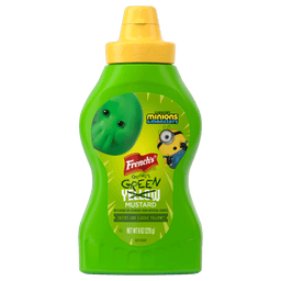 A bottle of French's Goomi's Green Mustard featuring Minions &amp; Monsters characters is displayed.