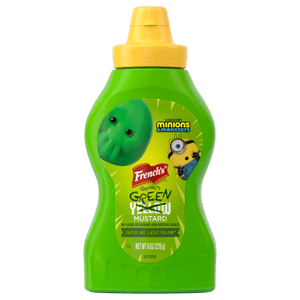 A bottle of French's Goomi's Green Mustard featuring Minions &amp; Monsters characters is displayed.