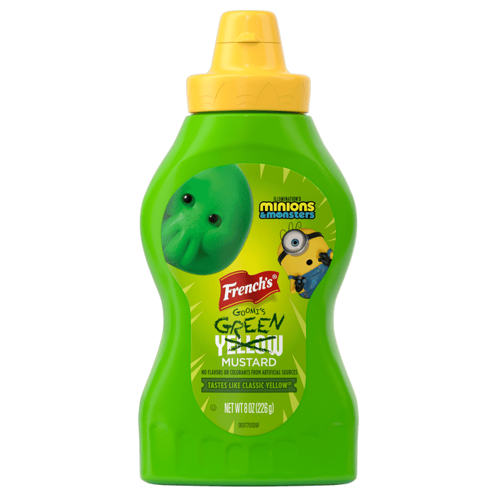 A bottle of French's Goomi's Green Mustard featuring Minions &amp; Monsters characters is displayed.