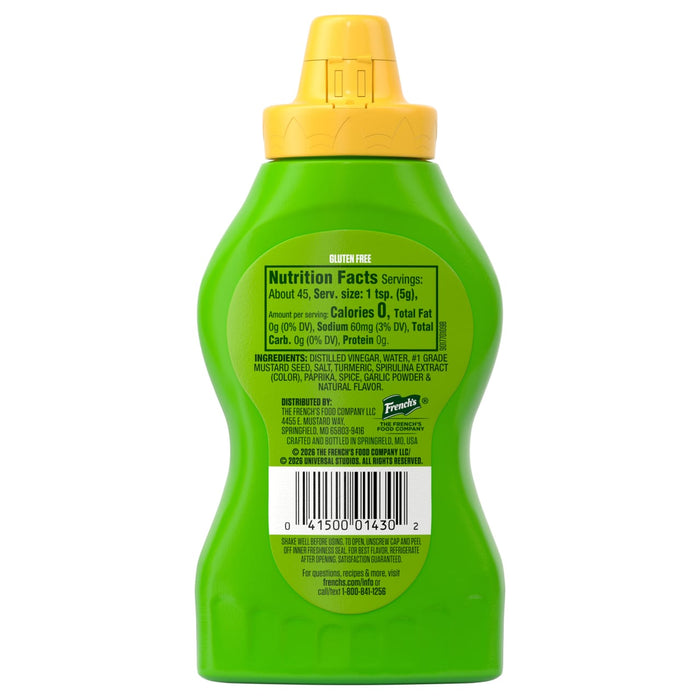 The back of a bright green squeeze bottle of French'S, 8.0 Oz mustard is shown, displaying the nutrition facts, ingredients, and barcode.