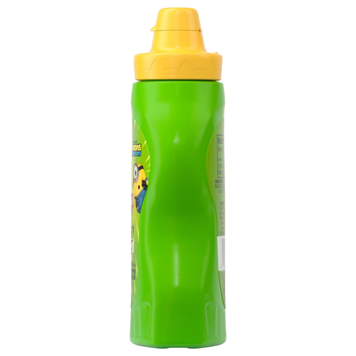 A green bottle of French'S, 8.0 Oz, with a yellow cap and Minions characters on the label, is viewed from the side.