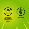 An infographic on a green background highlights that French'S Goomi'S Green Mustard, 8.0 Oz, is gluten-free and has no colors or colorants from artificial sources, as shown by icons of a crossed-out wheat stalk and a crossed-out beaker.