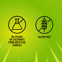 An infographic on a green background highlights that French'S Goomi'S Green Mustard, 8.0 Oz, is gluten-free and has no colors or colorants from artificial sources, as shown by icons of a crossed-out wheat stalk and a crossed-out beaker.
