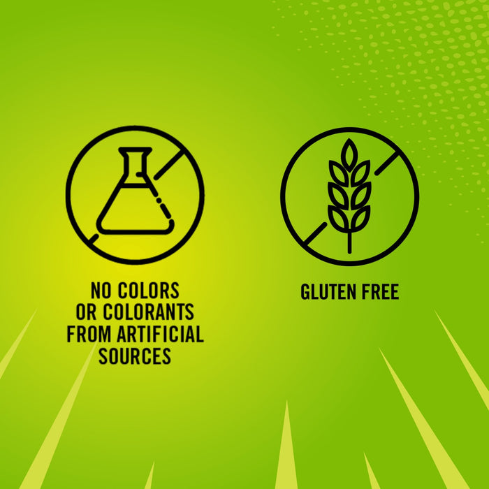 An infographic on a green background highlights that French'S Goomi'S Green Mustard, 8.0 Oz, is gluten-free and has no colors or colorants from artificial sources, as shown by icons of a crossed-out wheat stalk and a crossed-out beaker.