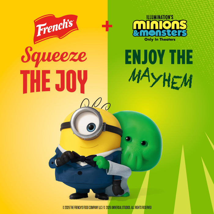 A promotional cartoon advertisement for a collaboration between French's and Illumination's Minions &amp; Monsters, featuring a Minion in a suit next to a green monster character representing a package of French'S Goomi'S Green Mustard, 8.0 Oz.