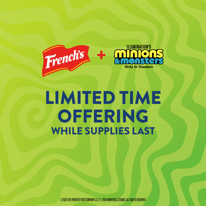 A promotional graphic for French'S Goomi'S Green Mustard, 8.0 Oz, announces a limited-time partnership with the movie Illumination's Minions &amp; Monsters.