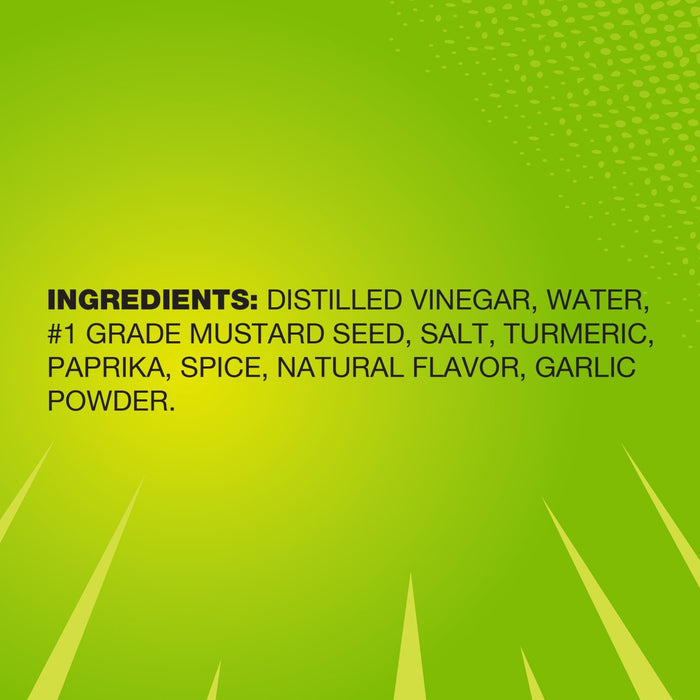 A graphic illustration displays the ingredients list for French'S Goomi'S Green Mustard, 8.0 Oz, which includes distilled vinegar, water, and #1 grade mustard seed, set against a vibrant green background.