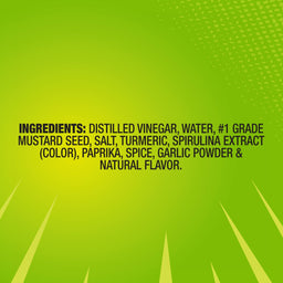 A graphic illustration displays the ingredients list for French'S Goomi'S Green Mustard, 8.0 Oz, which includes distilled vinegar, water, and #1 grade mustard seed, set against a vibrant green background.