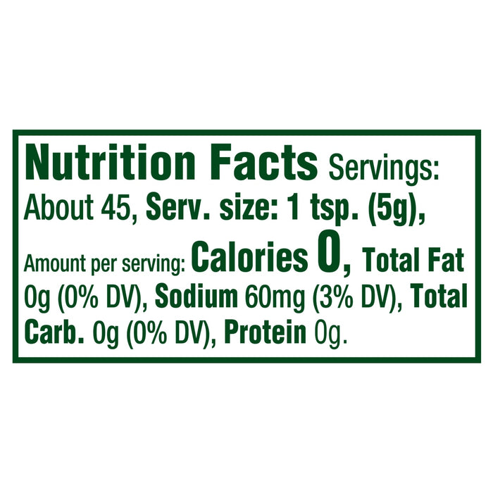 Nutrition facts label showing a serving size of 1 tsp (5g) with 0 calories, 0g total fat, 60mg sodium (3% DV), 0g total carbohydrate, and 0g protein.