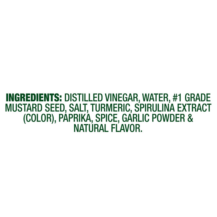 Ingredients list showing distilled vinegar, water, #1 grade mustard seed, salt, turmeric, spirulina extract (color), paprika, spice, garlic powder, and natural flavor.