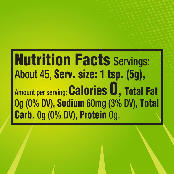 The nutrition facts label for French'S Goomi'S Green Mustard, 8.0 Oz, shows that a 1 teaspoon serving contains 0 calories, 0g of fat, and 55mg of sodium.