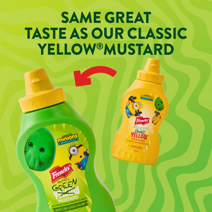 An advertisement for French'S Goomi'S Green Mustard, 8.0 Oz, shows the green bottle next to a classic yellow mustard bottle, emphasizing that it has the same great taste.