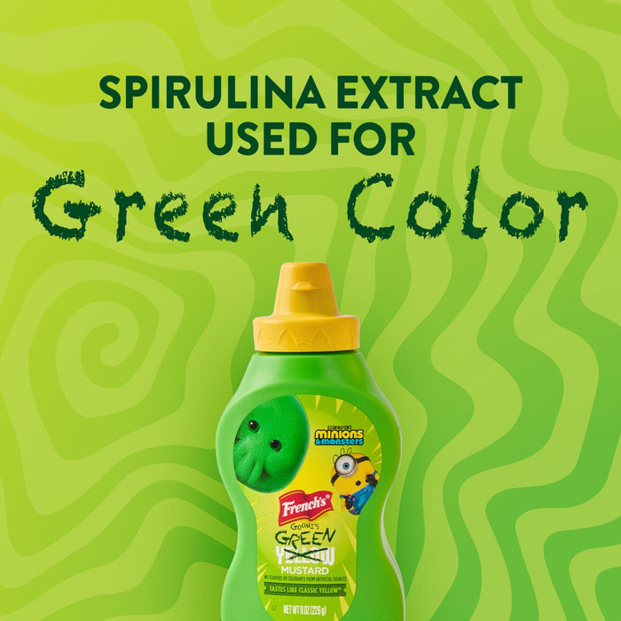 A bottle of French'S Goomi'S Green Mustard, 8.0 Oz, is featured in an advertisement highlighting that spirulina extract is used for its green color.