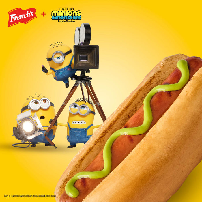 A promotional advertisement for French'S Goomi'S Green Mustard, 8.0 Oz, shows Minions filming a hot dog topped with the bright green condiment.