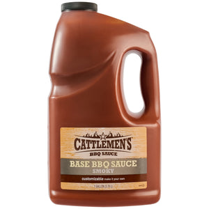 A large, one-gallon brown plastic jug of Cattlemens Smoky Barbeque Sauce Plastic Jug 128 Oz is shown against a white background, displaying the Cattlemen's brand label.