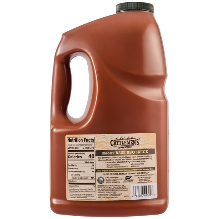 A large plastic jug of Cattlemens Smoky Barbeque Sauce Plastic Jug 128 Oz is shown against a white background, displaying the nutrition facts and ingredients on its label.