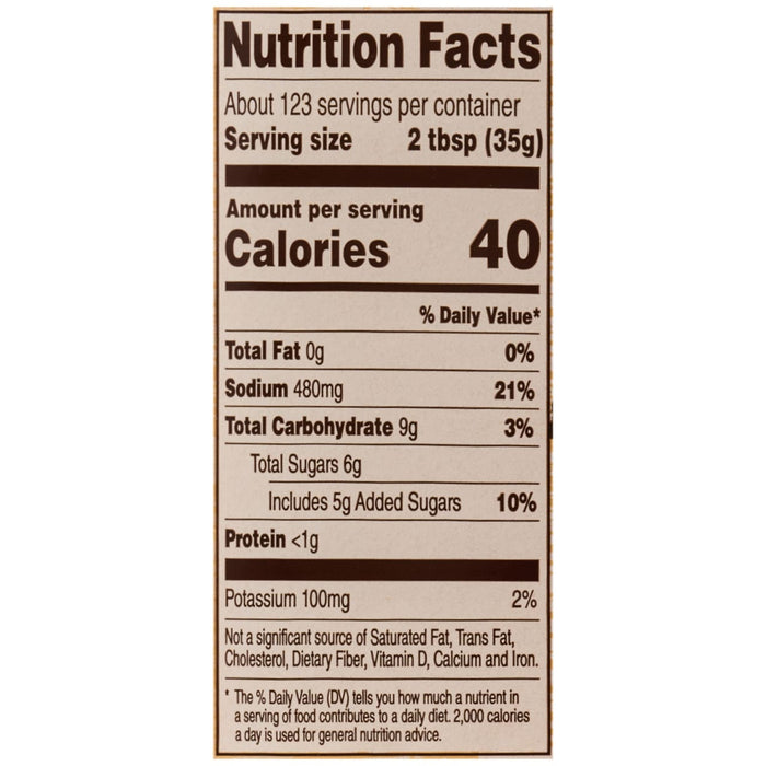 The nutrition facts label for Cattlemens Smoky Barbeque Sauce Plastic Jug 128 Oz, indicating that one serving contains 40 calories, 0g of total fat, and 480mg of sodium.