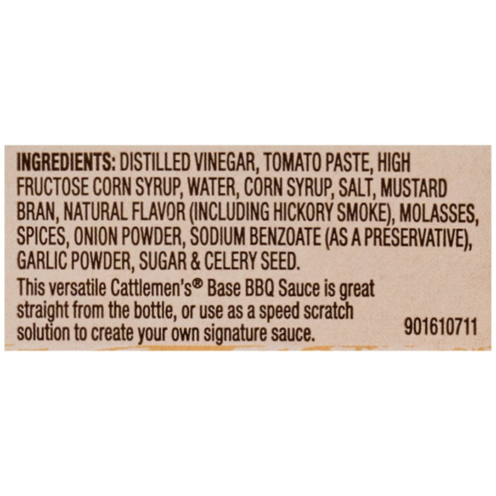 The ingredients list for the Cattlemens Smoky Barbeque Sauce Plastic Jug 128 Oz includes distilled vinegar, tomato paste, and high fructose corn syrup.