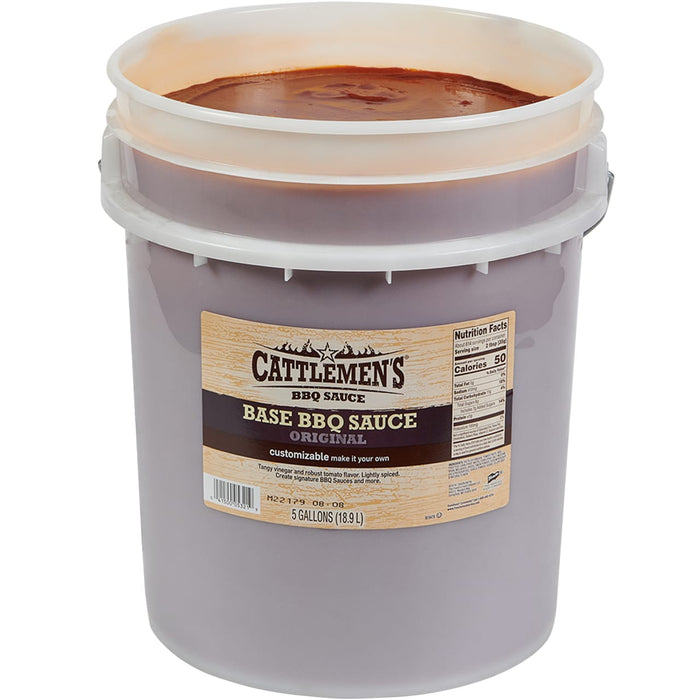 ["A 5 gallon bucket of Cattlemen's Original Base BBQ Sauce."]