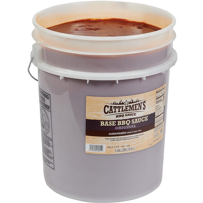 ["A 5-gallon bucket of Cattlemen's Base BBQ Sauce Original."]