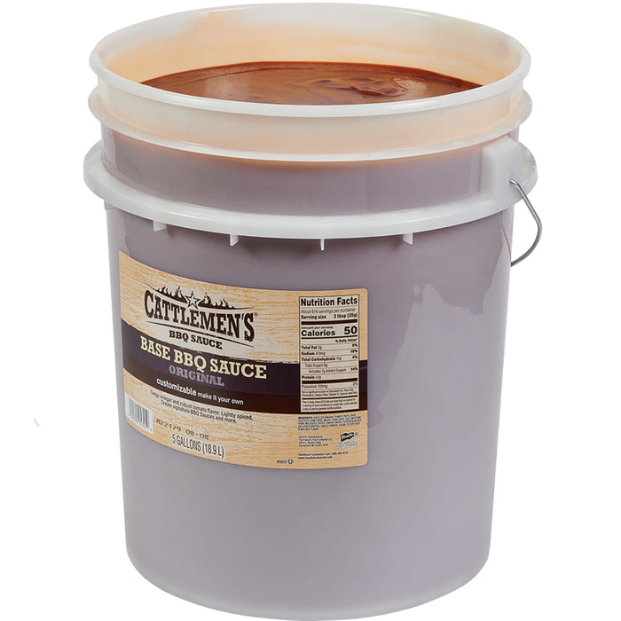 ["A 5-gallon bucket of Cattlemen's Original Base BBQ Sauce."]