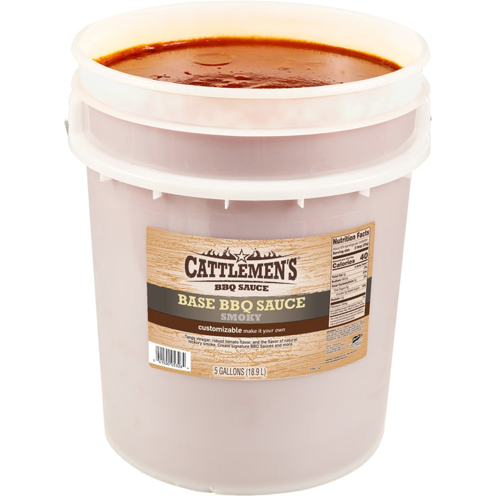 ["A 5-gallon bucket of Cattlemen's Smoky Base BBQ Sauce."]