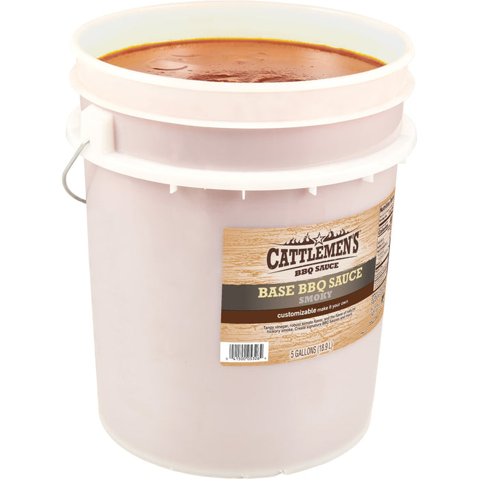 ["A 5 gallon bucket of Cattlemen's Smoky Base BBQ Sauce."]