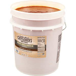 ["A 5-gallon bucket of Cattlemen's Smoky Base BBQ Sauce."]